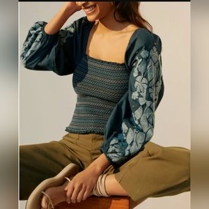 NWT ANTHROPOLOGIE SMOCKED TEAL BALLOON SLEEVED TOP S